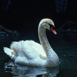 dark eerie movie frame, greek fantasy, a shining swan in the magic shining river styx, at night, otherworldly, stanley kubrick, 1 7 mm, close up, surreal, deep, detailed 4 k