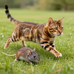 beautiful and realistic bengal cat chasing after a gigantic mouse in a field, photo in the style of National Geographic