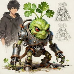 semi reallistic gouache gesture painting, by yoshitaka amano, by ruan jia, by Conrad roset, by dofus online artists, detailed anime 3d render cilantro alien monster, cilantro terrible alien monster, antrophomorfic cilantro leaves ,  portrait, cgsociety, artstation, rococo mechanical, Digital reality, sf5 ink style, dieselpunk atmosphere, gesture  drawn