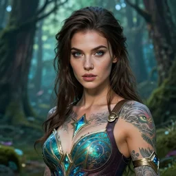 a tattooed beautiful female warrior wearing a magical leotard in a magical forest, hyper realistic face, beautiful eyes, fantasy art, in the style of greg rutkowski, illustration, epic, fantasy, intricate, hyper detailed, artstation, concept art, smooth, sharp focus, vibrant, cinematic