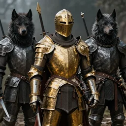 the battle of knights in golden armor with werewolves, cinematic, improving faces, 8k texture