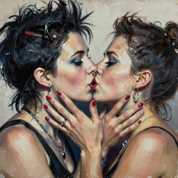 mixed media collage of two women kissing, highly detailed, oil paint and canvas texture, punk expressionism