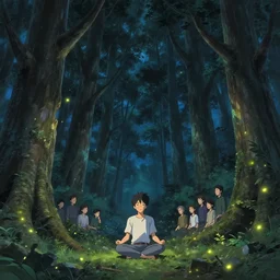 highly detailed illustration of a man meditating in an old giant symmetrical forest with fireflies at night by makoto shinkai, by oliver vernon, by joseph moncada, by damon soule, by manabu ikeda, by kyle hotz, by dan mumford, by otomo, 4 k resolution