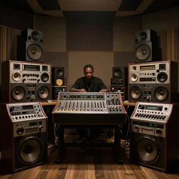 deejay in vintage music studio full of old machines, mixers and speakers