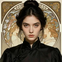 portrait 6 0 - year - old woman, tall, severe - looking, with dark hair tied up in a bun, wearing black clothes, hyper realistic face, beautiful eyes, fantasy art, in the style of greg rutkowski, intricate, alphonse mucha, hyper detailed, smooth