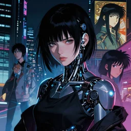 photo portrait of a japanese cyberpunk cyborg girl, finely detailed features, cyborg robot parts with glowing lights!, dramatic cinematic, night, at cyberpunk city, ghost in the shell, akira, cinematic lighting, flirting with camera, noir, trending on pixiv fanbox, manga!, manga, araki, painted by greg rutkowski makoto shinkai takashi takeuchi craig mullins, alphonse mucha, studio ghibli, pixiv