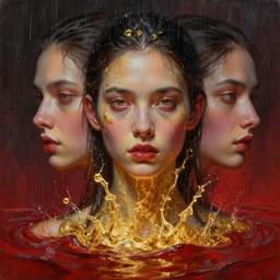 3 d, rain, boiling liquid gold ocean storm, red water, close - up, fashion model, poster art, high detail, intricate oil painting, multiple exposure, hell mood, hyperrealism, 3 d, by tooth wu and wlop and beeple and greg rutkowski