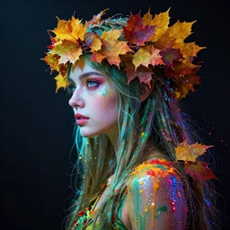 a glowing, dewy cyberpunk druid wearing a crown of autumn leaves, side portrait, striking, defiant, spotlight, paint drips, paint splatter, vibrant colors, beautiful eyes, by marco paludet and gianni strino and marion bolognesi