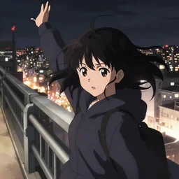 anime visual, portrait of a young black haired girl wearing hoodie sightseeing above the city, guardrail, cute face by yoh yoshinari, katsura masakazu, dramatic lighting, dynamic pose, dynamic perspective, strong silhouette, ilya kuvshinov, anime cels, 1 8 mm lens, fstop of 8, rounded eyes, moody, detailed facial features