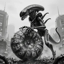 nautilus with extra teeth, prometheus movie monster, xenomorph, highly detailed background, black and white, unkown city, haze,