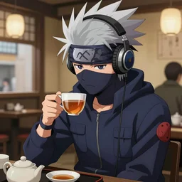 kakashi hatake wearing headphones and a navy blue hoody having tea at a tea shop in toyko, aesthetic, digital painting, artstation, highly detailed, 4 k