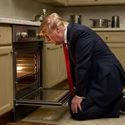 donald trump on his knees with his head inside of an oven, still, 8k, ultra real, from the movie american psycho
