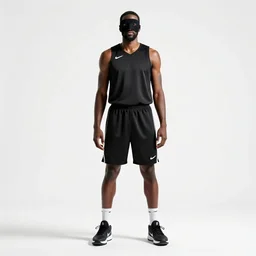 masked basketball player dunking pose, photorealistic portrait photography, full body, standing, isolated on a pure white background, centered, whole figure in frame, sharp focus, studio lighting