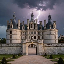 hyper realistic photo, well maintained castle, mid - shot from the front gate courtyard with lightning in the background