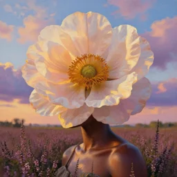 closeup, huge flower as head, an african woman in heather field, surreal photography, golden hour, colorful clouds, impressionist painting, digital painting, artstation, simon stalenhag