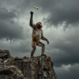 a monkey standing at the top of a cliff throwing a bone in the air , dramatic lighting, cinematic, establishing shot, extremly high detail, photorealistic, cinematic lighting, artstation, style by James Gurney