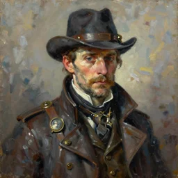 Oil painting Portrait of a steampunk detective by Lucian Freud, Abstract brush strokes, Masterpiece