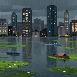 flooded city, fish, algae, boats, city lights, saturated colors, rain, greg rutkowski, trending on artstation, concept art