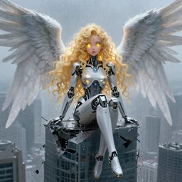 beautiful cyborg - angel!!! girl sitting on a crumbling skyscraper, rainfall!!, water refractions on lens, long curly blonde hair, golden watery eyes, full round face, biomechanical details, digital cyberpunk anime!! art, full body!!! shot, reflections, lens flare, wlop, ilya kuvshinov, artgerm, krenz cushart, greg rutkowski