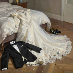 a messy painting of a wedding dress and tuxedo discarded on the bedroom floor in the style of francoise nielly, artstation