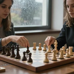 highly-detailed close-up of two women playing chess in ukraine. its raining outside and thundering window is visible. highly detailed. 8k. wide shot. photography