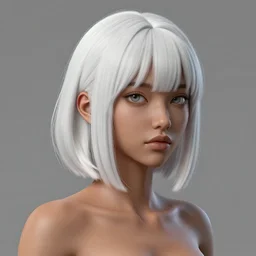 full length complex 3 d hyper realistic smooth ultra sharp render of a gorgeous flawless caramel skin female | white hair!!! short hair, long bangs | art by oh jinwook + 吵 集 仁 儿 on artstaion + takeshi obata + alphonse mucha + jim lee