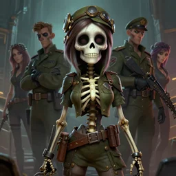 portrait of a cute smiling undead skeleton girl in team fortress 2 style, epic, tragic, military art, fantasy, dieselpunk, hd shot, digital portrait, beautiful, artstation, comic style, by artgerm, guy denning, jakub rozalski, magali villeneuve and charlie bowater