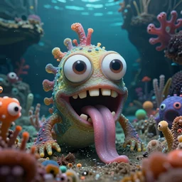 of an intricate sea cavern with colorful strange cute marine creatures with huge eyes, long tongue, square teeth and funny face appearing from murky waters, in the style of tim shumate, macro lens, shallow depth of field, highly detailed, digital painting, trending artstation, concept art, illustration, cinematic lighting, vibrant colors, photorealism, epic, octane render
