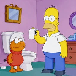 ( ( ( homer simpson ) ) ) complaining to barney!!! rubble!!! about toilet paper, by lewis jones, by hanna - barbera, by matt groening, comedic scene, cartoon crossover, the flinstones, volumetric lighting, 4 k