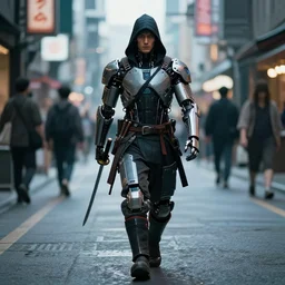 movie film shot of a cybernetically enhanced man walking in the street, samurai, hacker, katana, brightly lit, highly detailed, 4 k, cyberpunk