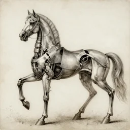 high - definition anatomy of a mechanical horse, leonardo da vinci manuscript, leonardo da vinci sketch, digital art, trending on artstation, masterpiece