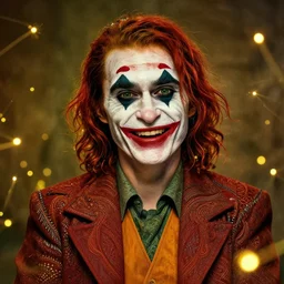 a totally amazed smiling pretty joker surrounded by golden firefly lights in a mesmerizing scene, fully covering intricate detailed bohemian outfit, long loose red hair, precise linework, accurate green eyes, small nose with freckles, beautiful smooth oval head, expressive emotions, hyper realistic ultrafine portrait by artemisia gentileschi, jessica rossier, greg rutkowski, artgerm