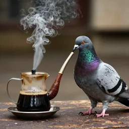 a pigeon smoking pipe waiting for coffee to boil