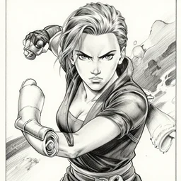 scarlett johansson with angry expression, comic panel battle poses. dramatic lighting, ninja scroll anime style, pencil and ink manga drawing