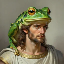 painted portrait of ruggedly handsome man with frog head, greek god by greg rutkowski craig mullins artgerm, greek motifs, fantasy, intricate, elegant, detailed, digital painting, concept art, artstation, sharp focus, illustration