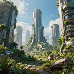futuristic cityscape in ruin, reclaimed by nature, by ivan jean giraud, coherent, hyper realism, high detail, vivid colors, octane render, unreal engine, 8 k, smooth gradients, high contrast, depth of field by jacek yerka