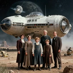 highly detailed, 268435456k film, 700mm film still from a sci fi blockbuster color movie made in 2019, set in 1860, of a family standing in front of a spaceship that has just landed on an alien planet, the family are all wearing 1860s era clothes, good lighting, good photography, ultra high definition