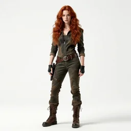 red-haired wasteland raider, photorealistic portrait photography, full body, standing, isolated on a pure white background, centered, whole figure in frame, sharp focus, studio lighting