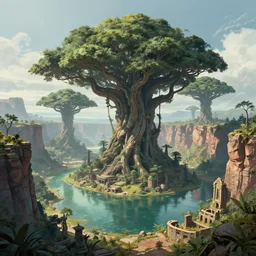 a beautiful highly detailed matte painting of an alien planet with giant bonsai trees with a lake surrounded by a canyon and ruins. by dylan cole concept art