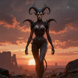 the unconscious love of satan, hr giger moebius style, hyperrealistic, 8 k, hdr, octane render, sunrise in hell background, volumetric lighting, highly detailed - h 9 6 0