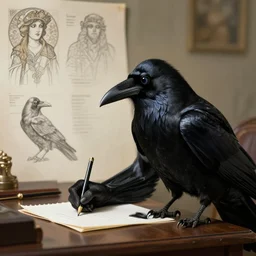 a scholarly raven is seen writing at his desk. character sheet, character design, contrast, deep focus, turnaround, highly detailed, dramatic lighting, digital painting, artstation, concept art, matte, sharp focus, illustration, elegant, art by artgerm and greg f and alphonse mucha.