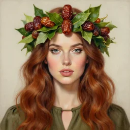 epic painting drawing, full figure portrait of beautiful supermodel face poses wearing olive blouse, long brown red wavy hair, green tea leaves bridal crown with sweet dried dates fruits, medjool dates, dried dates, photography by amy leibowitz, wlop, jeremy lipkin, beeple, intricate, symmetrical front portrait, artgerm,