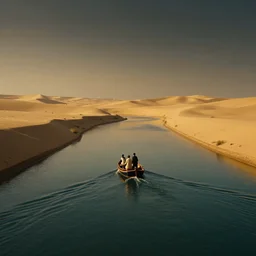 a small boat sails on a canal surrounded by a desert, by jean delville and sophie anderson and mandy jurgens, moody atmosphere, cinematic atmospheric, cinematic lighting, golden ratio, perfect composition, elegant, no crop, extremely detailed, 4 k, hd, sharp focus, masterpiece, trending on artstation