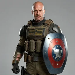 Saul Goodman wearing heavy military gear and holding a bulletproof shield, highly detailed, 4k