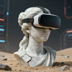 the head of a damaged and cracked marble cybernetic lady justice statue wearing a virtual reality headset on ground covered in sand, cyberpunk background, highly detailed, epic lighting, hyper photorealism, 8 k