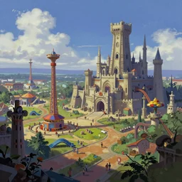 concept art from a landscape scenario background used kof snk 2 0 0 0 by jama jurabaev, cel shaded, cinematic shot, trending on artstation, high quality, brush stroke, amusement park on a old civilization