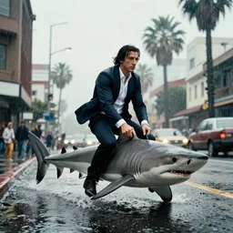 first official image from bond 2 6, starring adam driver as agent 0 0 7, riding an actual live shark through the streets of valparaiso, chile in heavy rain. directed by alejandro inarritu. stunning cinematography, kodak vision 2 0 0 t, high contrast, anamorphic lens, chromatic aberration.