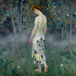gustav klimt's painting of an elegant, thin woman with light hair, back and standing, from the duchy of Lituania, on a misty forest