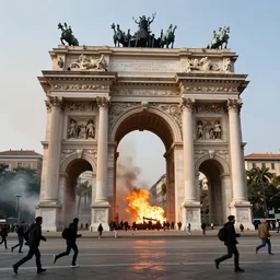 Arco della Vittoria in Genova big fire. People running