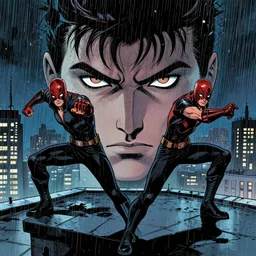 in the style of phil noto comic art, joshua middleton comic art, peyton list black widow, symmetrical face, on a rooftop, symmetrical eyes, rain, night, rain, symmetrical, action pose, phil noto